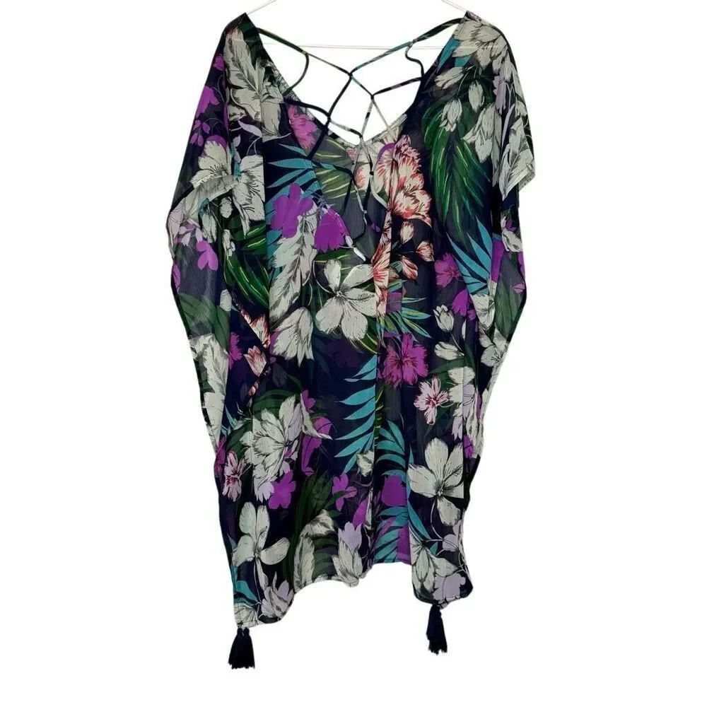 Kona Sol Tropical Floral Crisscross Open Back Multioclor Swim Cover Up Medium